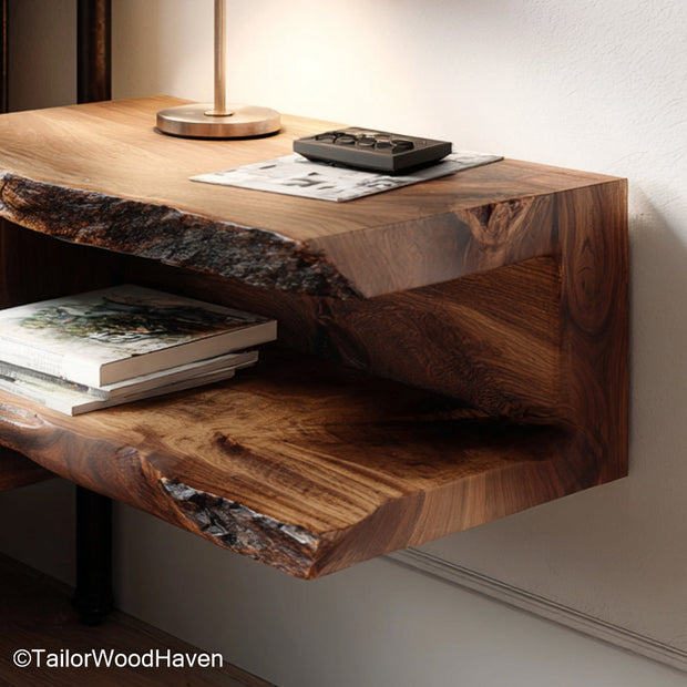 Floating shelf side table crafted from hardwood with floating wall support and compact top, designed for use beside beds or small reading chairs