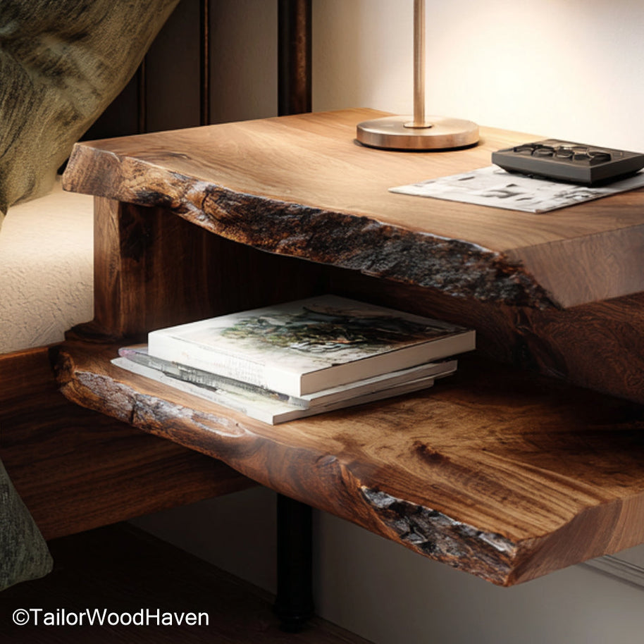 Floating shelf side table crafted from hardwood with floating wall support and compact top, designed for use beside beds or small reading chairs