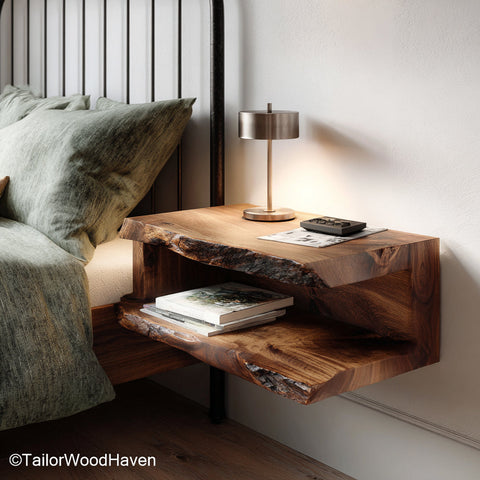 Floating shelf side table crafted from hardwood with floating wall support and compact top, designed for use beside beds or small reading chairs
