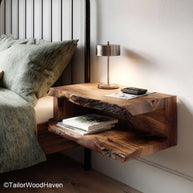 Floating shelf side table crafted from hardwood with floating wall support and compact top, designed for use beside beds or small reading chairs