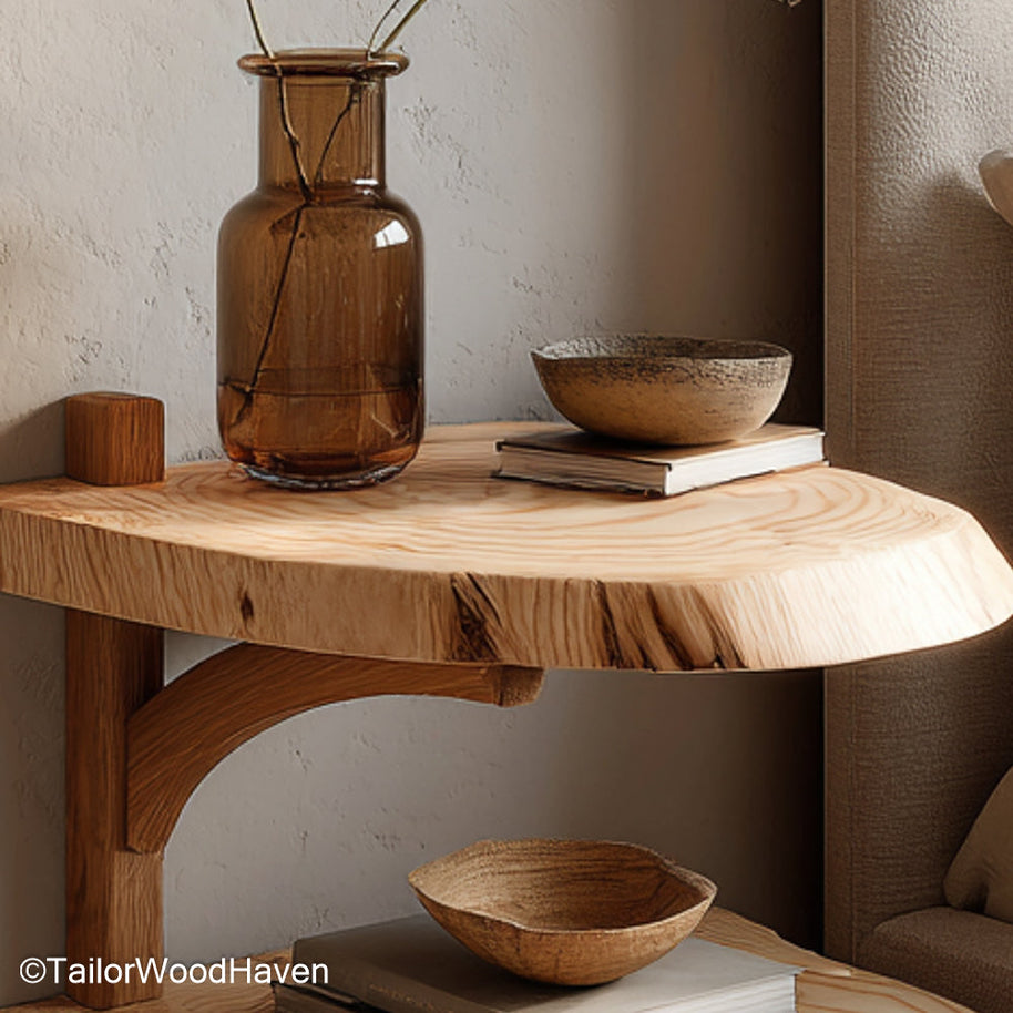 Curved floating bedside table designed with rounded wood edges and wall mounted support, ideal for softening your bedroom’s overall layout