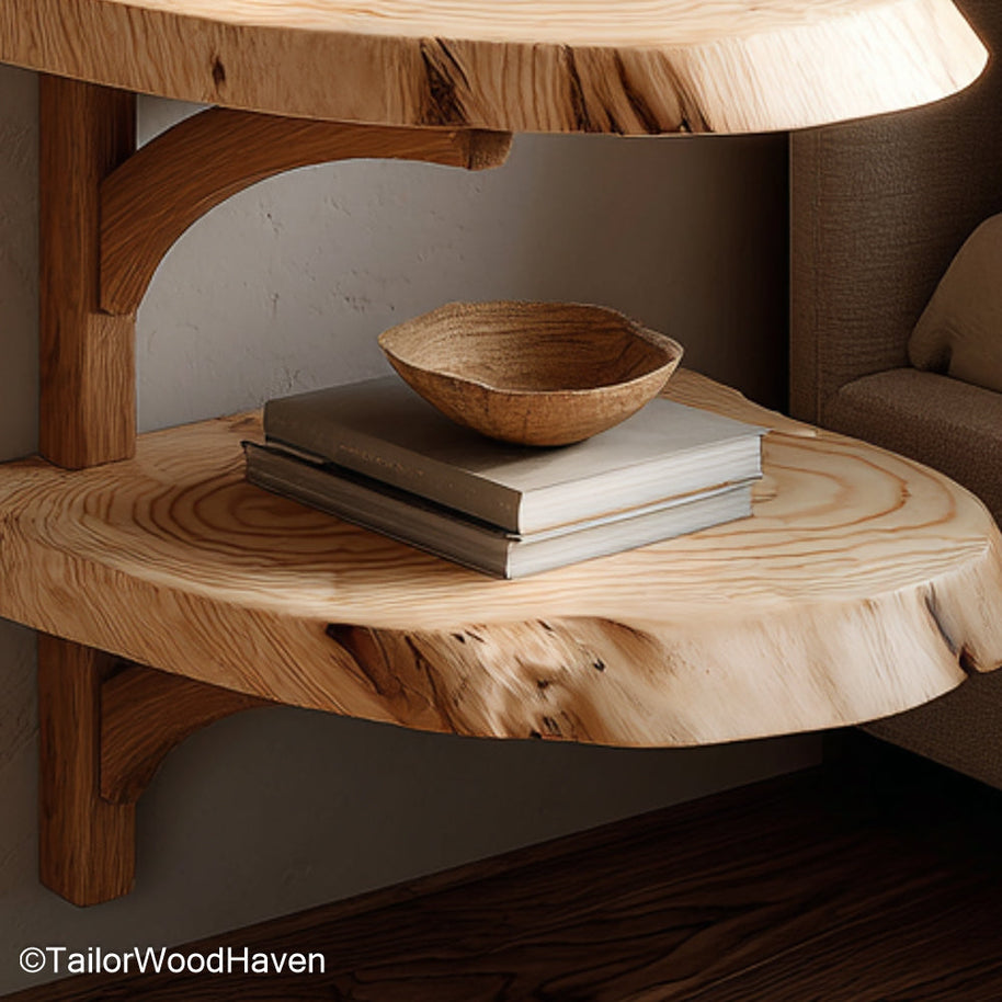 Curved floating bedside table designed with rounded wood edges and wall mounted support, ideal for softening your bedroom’s overall layout