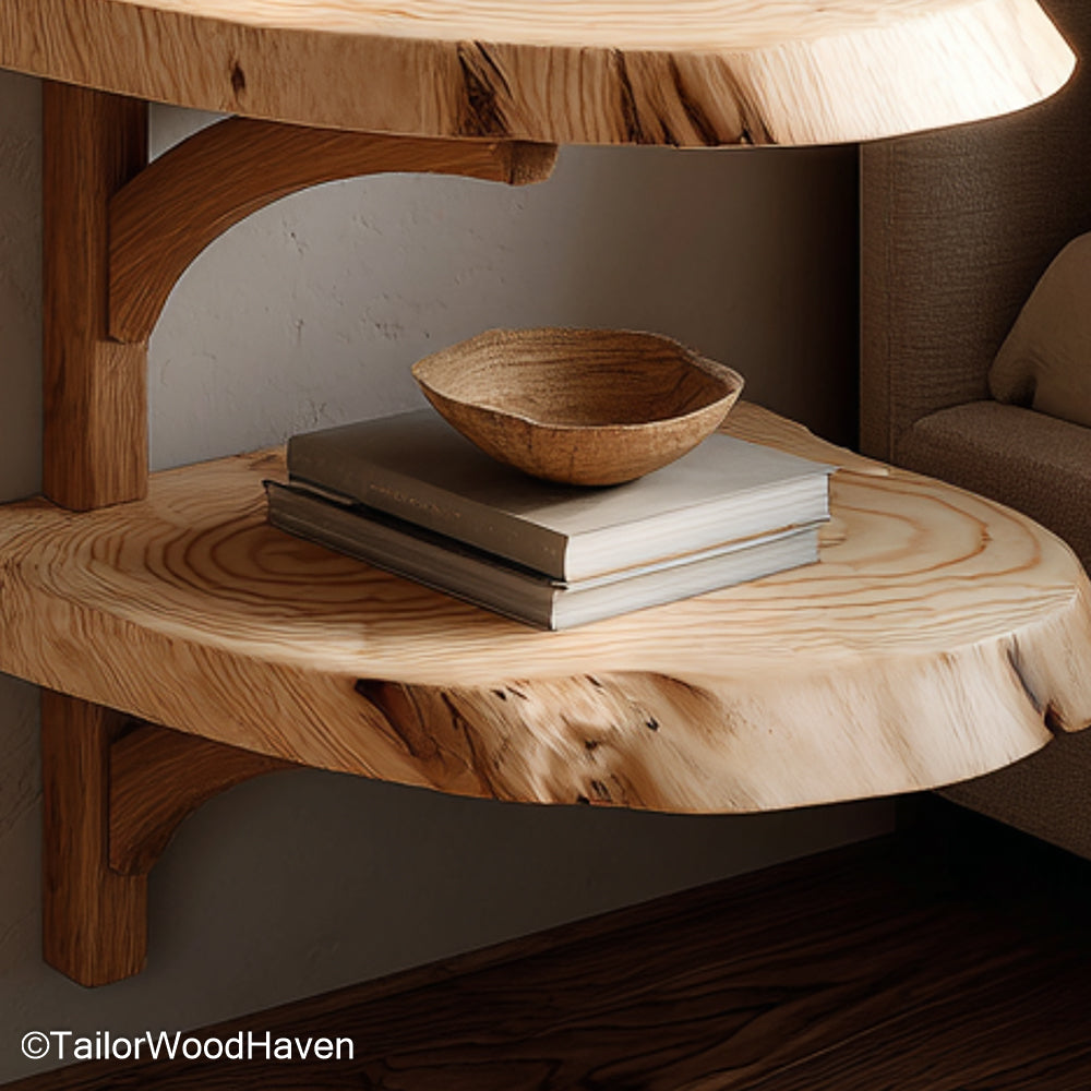 Curved floating bedside table designed with rounded wood edges and wall mounted support, ideal for softening your bedroom’s overall layout