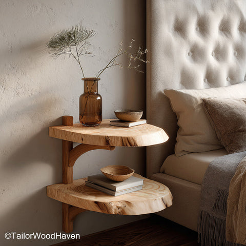 Curved floating bedside table designed with rounded wood edges and wall mounted support, ideal for softening your bedroom’s overall layout