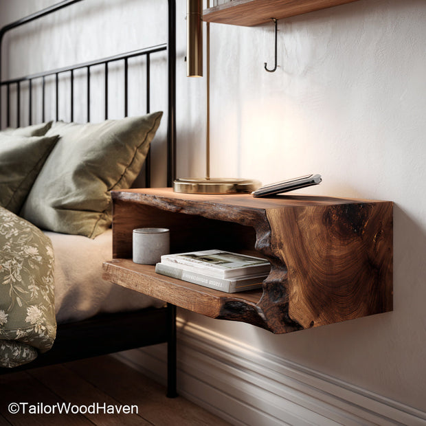 Floating bed side built from natural wood with a slim surface and clean lines, offering space saving wall mounted storage in compact bedrooms
