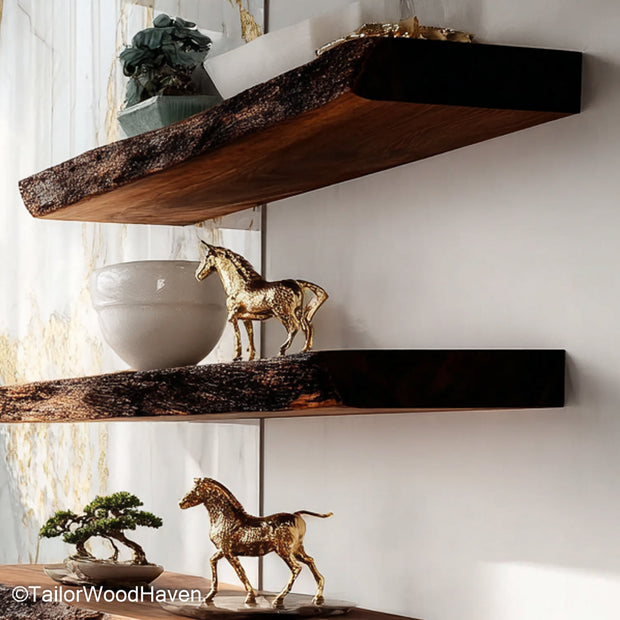 4 floating shelves crafted from solid wood with matching sizes and a clean floating design, ideal for balanced layouts across open walls