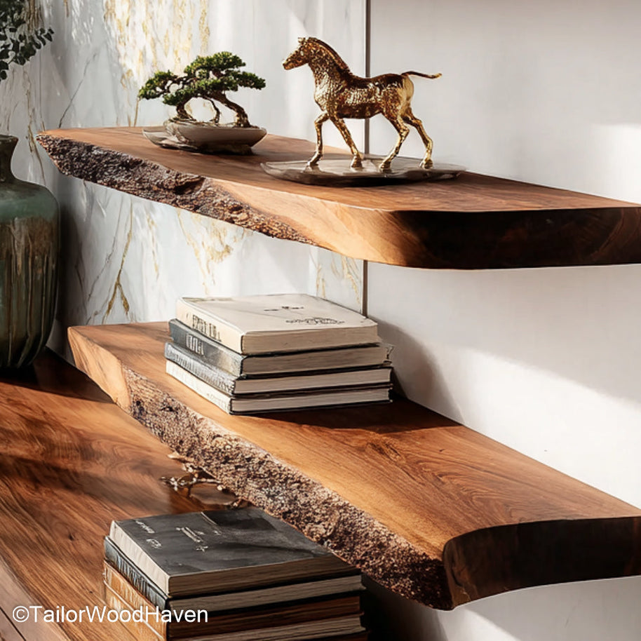 4 floating shelves crafted from solid wood with matching sizes and a clean floating design, ideal for balanced layouts across open walls