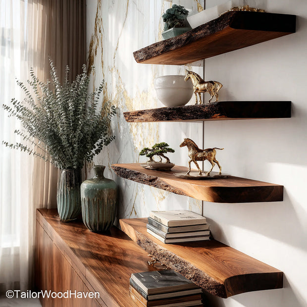 4 floating shelves crafted from solid wood with matching sizes and a clean floating design, ideal for balanced layouts across open walls
