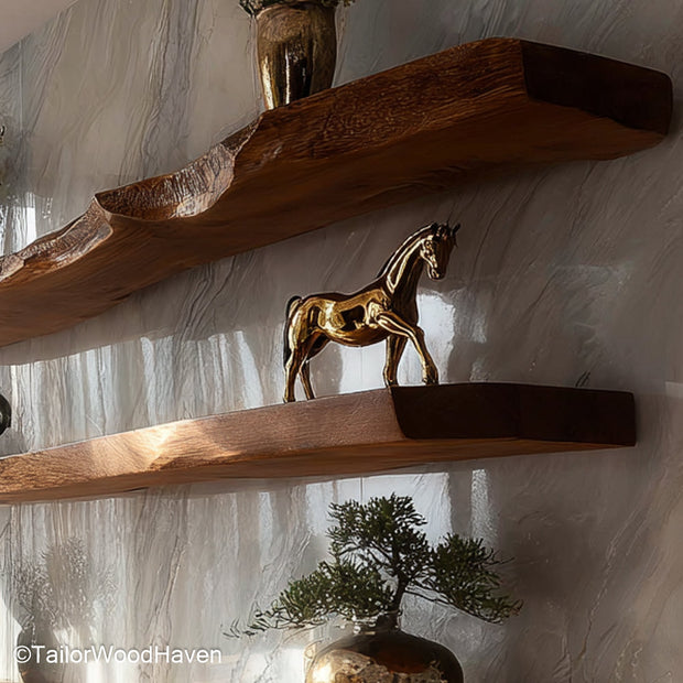Floating wood shelves walnut built with solid hardwood and soft brown tone, wall mounted for kitchens, bathrooms, or cozy bedroom setups