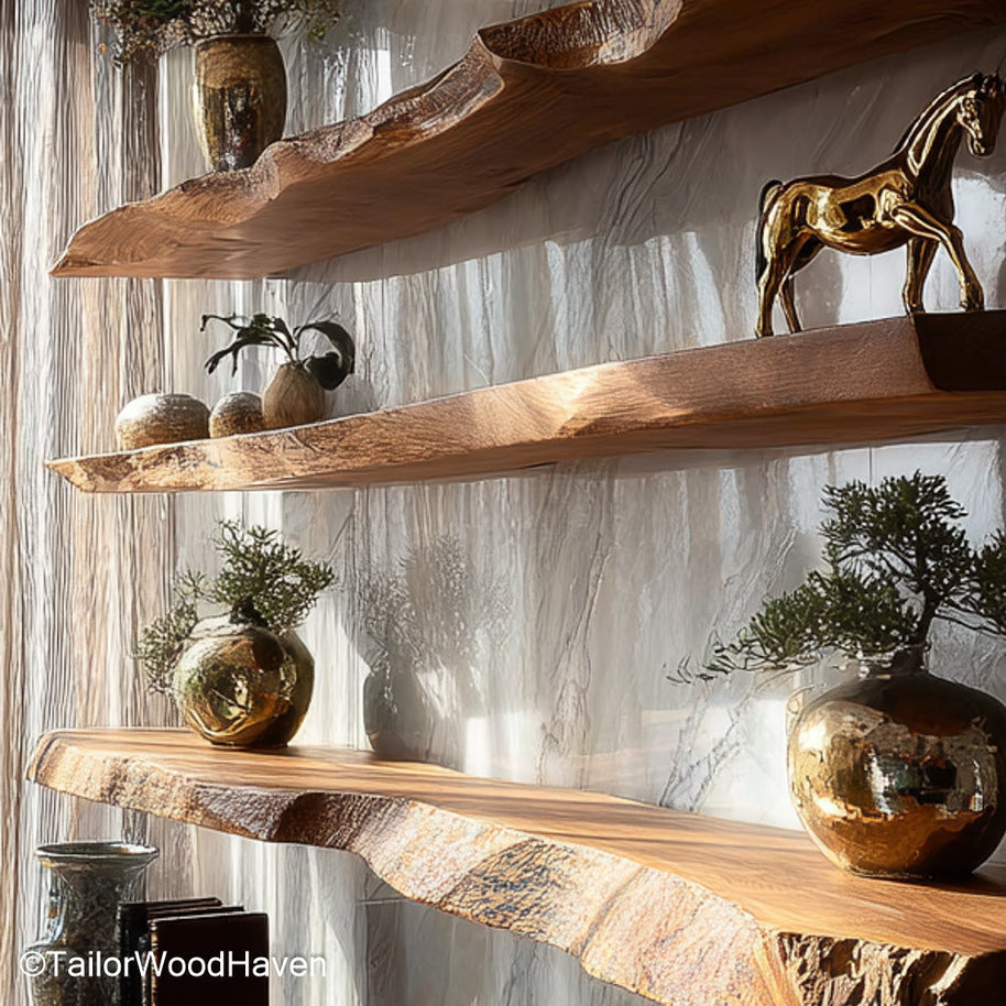 Floating wood shelves walnut built with solid hardwood and soft brown tone, wall mounted for kitchens, bathrooms, or cozy bedroom setups