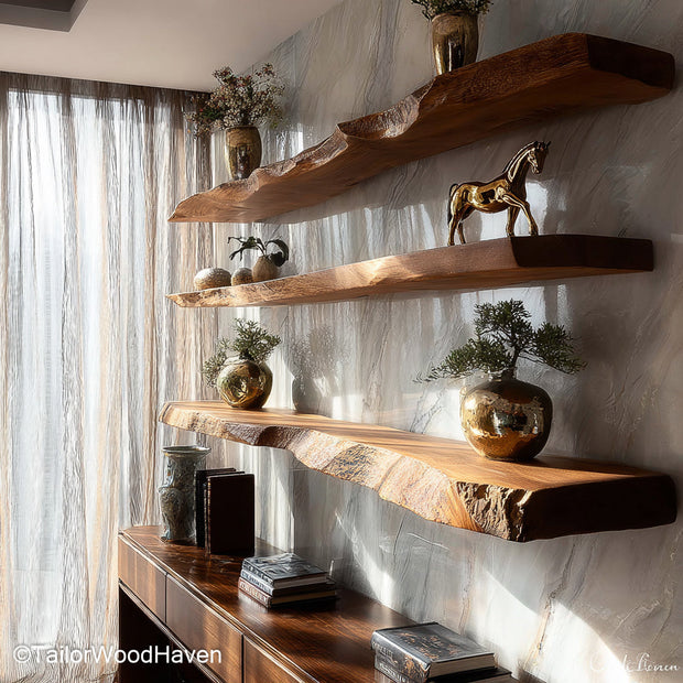 Floating wood shelves walnut built with solid hardwood and soft brown tone, wall mounted for kitchens, bathrooms, or cozy bedroom setups