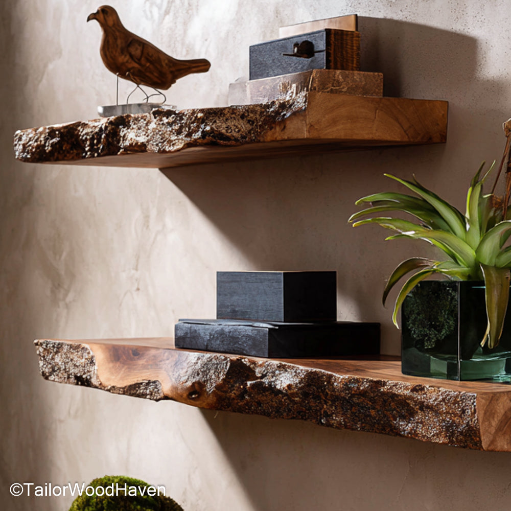 Reclaimed wood for floating shelves crafted from salvaged hardwood with visible grain and clean lines, perfect for rustic kitchens or living walls