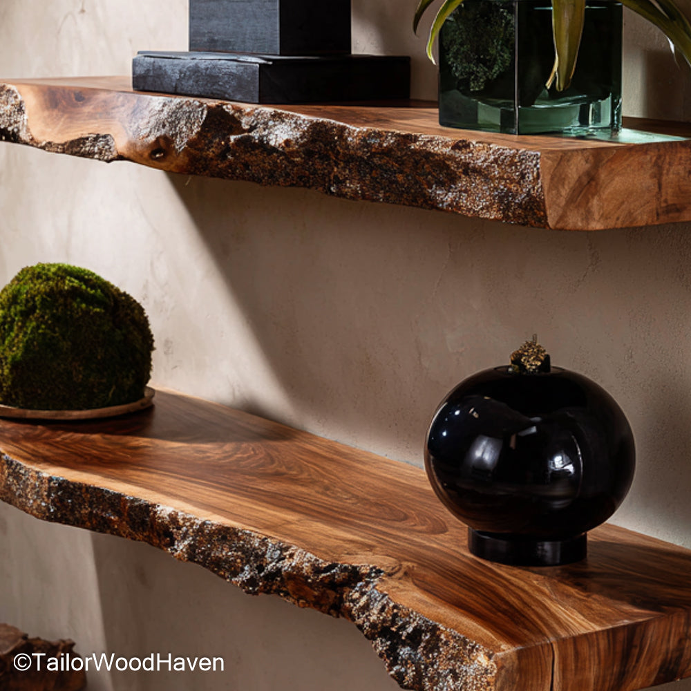 Reclaimed wood for floating shelves crafted from salvaged hardwood with visible grain and clean lines, perfect for rustic kitchens or living walls