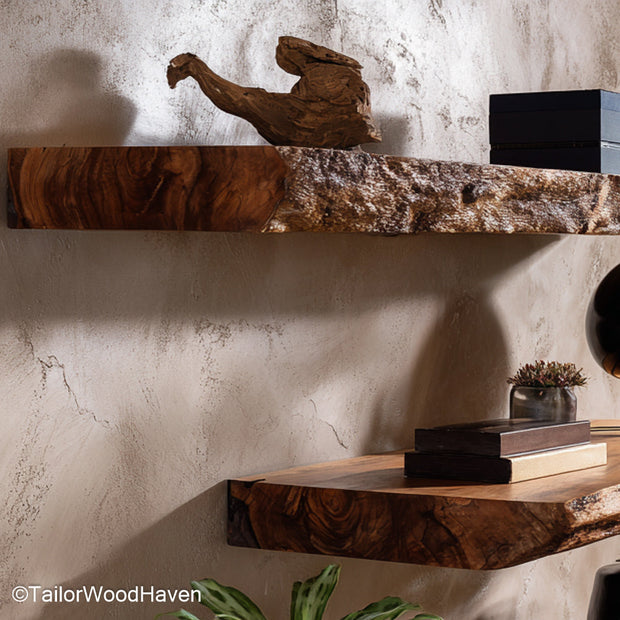 Reclaimed timber floating shelf crafted from upcycled wood with rich character and wall mounted form, perfect for rustic or eco conscious homes