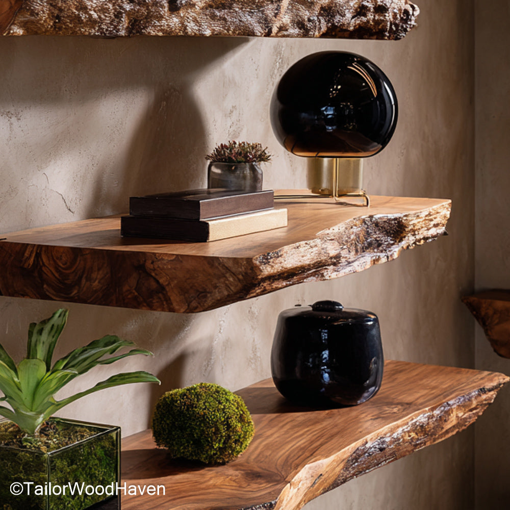Reclaimed timber floating shelf crafted from upcycled wood with rich character and wall mounted form, perfect for rustic or eco conscious homes