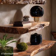 Reclaimed timber floating shelf crafted from upcycled wood with rich character and wall mounted form, perfect for rustic or eco conscious homes
