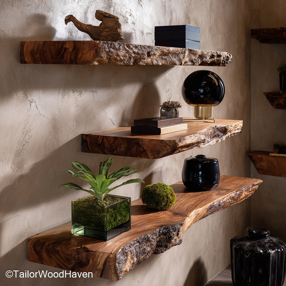 Reclaimed timber floating shelf crafted from upcycled wood with rich character and wall mounted form, perfect for rustic or eco conscious homes