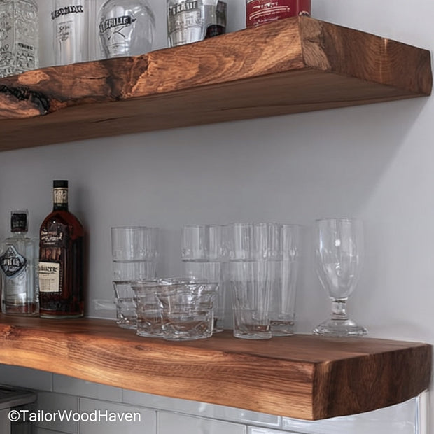 Wooden floating shelf kitchen crafted from solid hardwood with a smooth finish and bracket free mount, perfect for storing spices or decor in kitchens