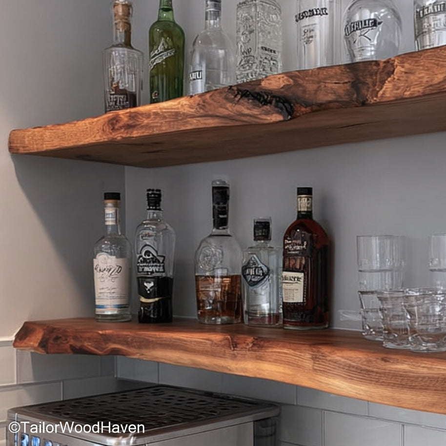 Wooden floating shelf kitchen crafted from solid hardwood with a smooth finish and bracket free mount, perfect for storing spices or decor in kitchens