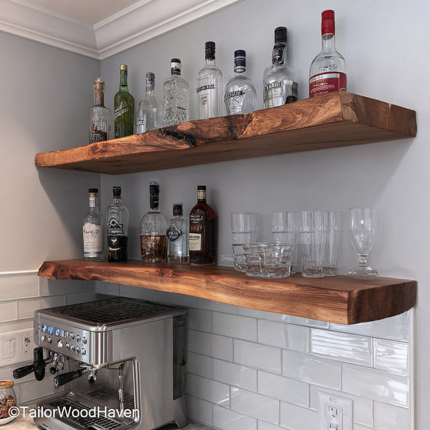 Wooden floating shelf kitchen crafted from solid hardwood with a smooth finish and bracket free mount, perfect for storing spices or decor in kitchens