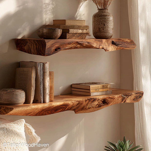 Walnut floating wall shelves built from rich walnut slabs with soft finish and floating design, ideal for kitchens, bedrooms, or workspace walls