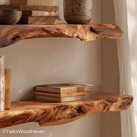 Walnut floating wall shelves built from rich walnut slabs with soft finish and floating design, ideal for kitchens, bedrooms, or workspace walls