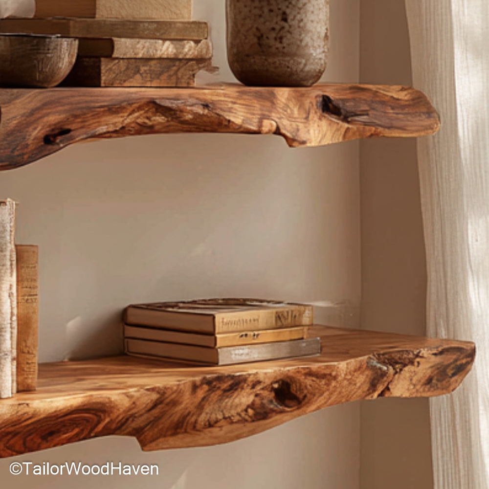 Walnut floating wall shelves built from rich walnut slabs with soft finish and floating design, ideal for kitchens, bedrooms, or workspace walls