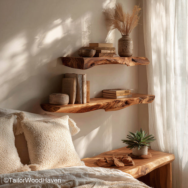 Walnut floating wall shelves built from rich walnut slabs with soft finish and floating design, ideal for kitchens, bedrooms, or workspace walls