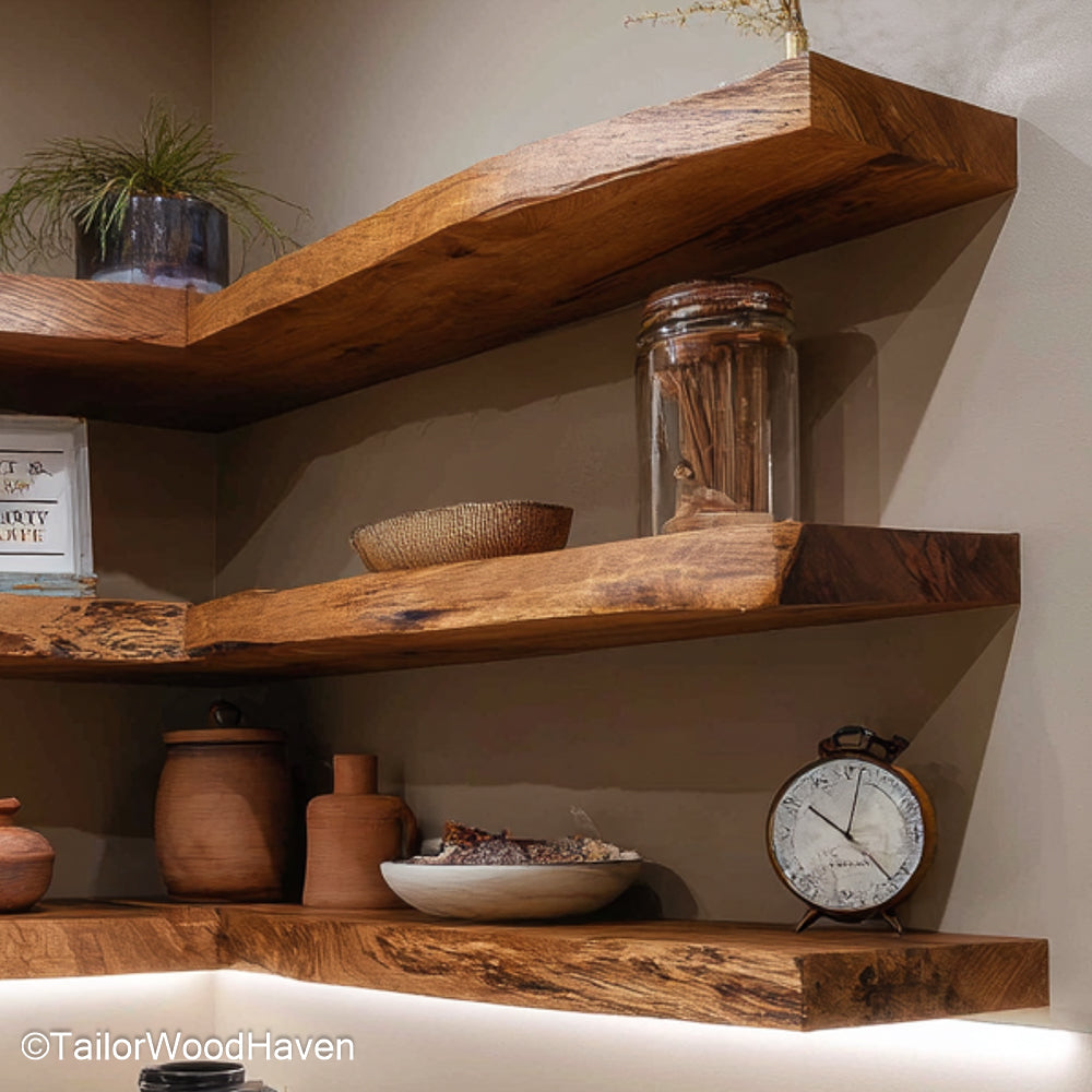 Natural wood floating corner shelf built with a soft live edge and right angle design, ideal for maximizing small corner spaces in earthy interiors
