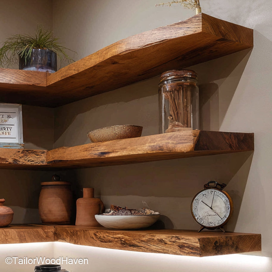 Natural wood floating corner shelf built with a soft live edge and right angle design, ideal for maximizing small corner spaces in earthy interiors