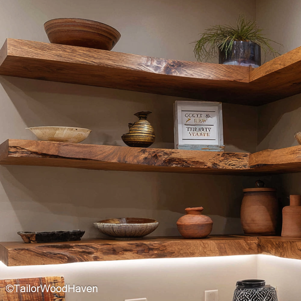 Natural wood floating corner shelf built with a soft live edge and right angle design, ideal for maximizing small corner spaces in earthy interiors