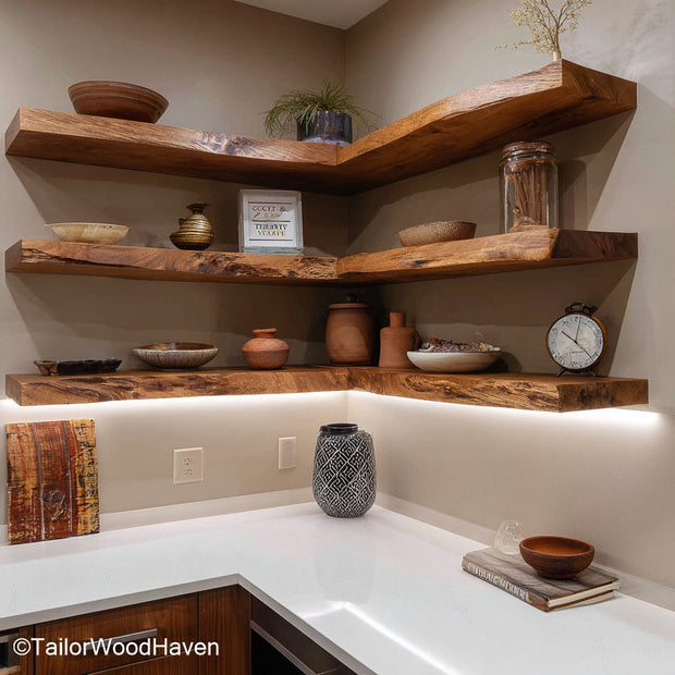 Natural wood floating corner shelf built with a soft live edge and right angle design, ideal for maximizing small corner spaces in earthy interiors