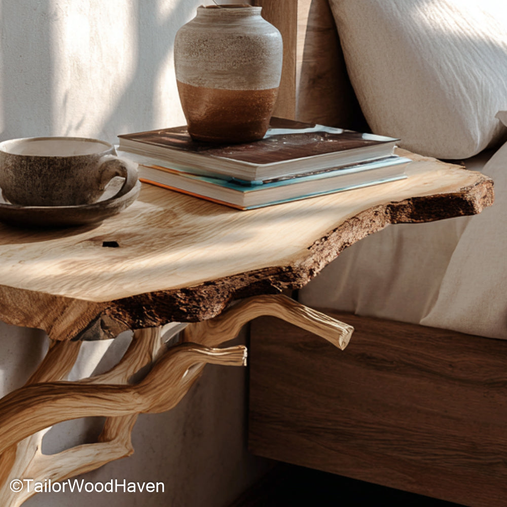 Wall Bedside Table crafted from solid wood with a floating design and clean lines, perfect for minimalist or rustic interiors in need of compact storage