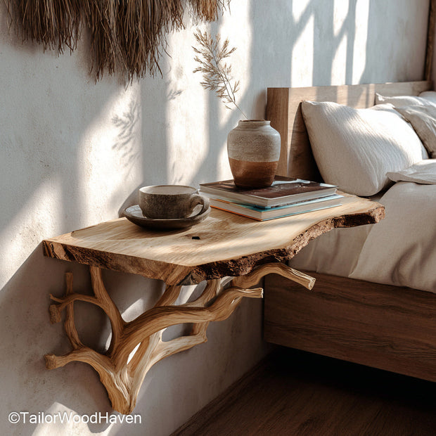 Wall Bedside Table crafted from solid wood with a floating design and clean lines, perfect for minimalist or rustic interiors in need of compact storage
