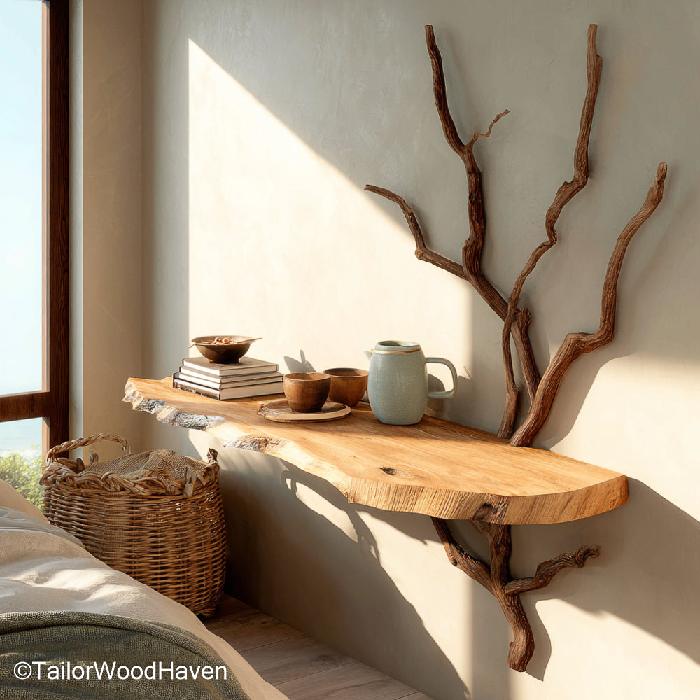 Wall Nightstand handcrafted from hardwood with a compact design and minimalist floating style, perfect for functional and stylish bedroom storage