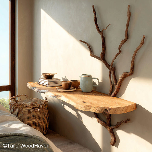 Wall Nightstand handcrafted from hardwood with a compact design and minimalist floating style, perfect for functional and stylish bedroom storage