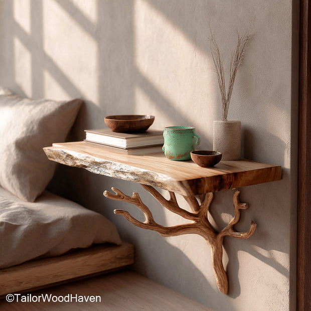Floating Bedside Shelves made from real wood with clean floating design and hidden wall support, perfect for storing essentials in compact bedrooms