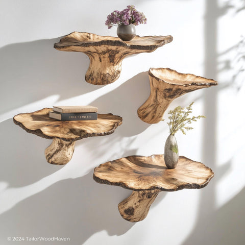 Mushroom-shaped wooden floating shelves on a sunlit white wall with vases and books