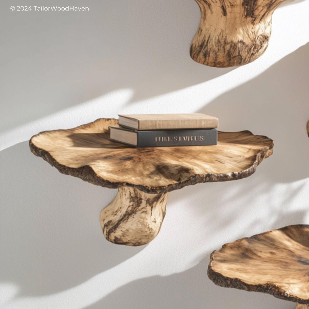 Close-up of a mushroom floating shelf with books on top