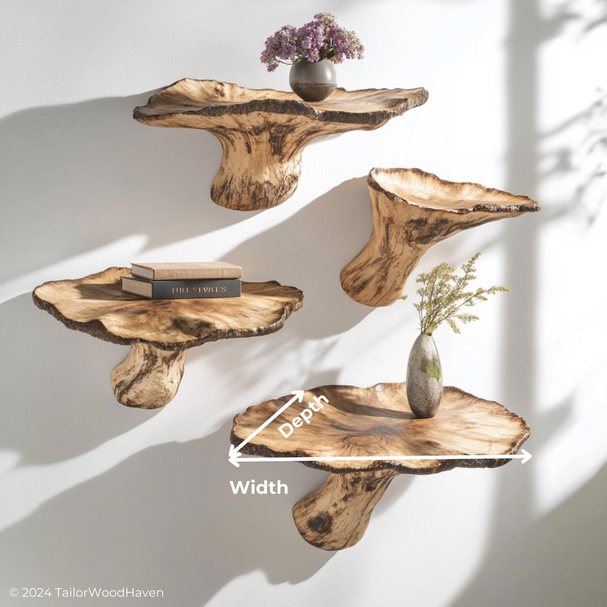 Mushroom floating shelves with width and depth markings