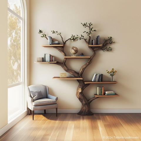 Dark tree branch bookshelf - handcrafted book shelf