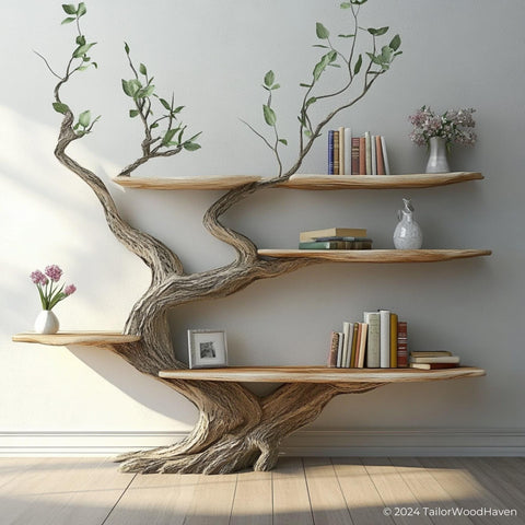Handmade rustic tree branch bookshelf