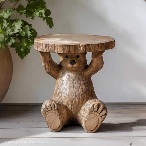 Bear shaped handcrafted wood side table for living room