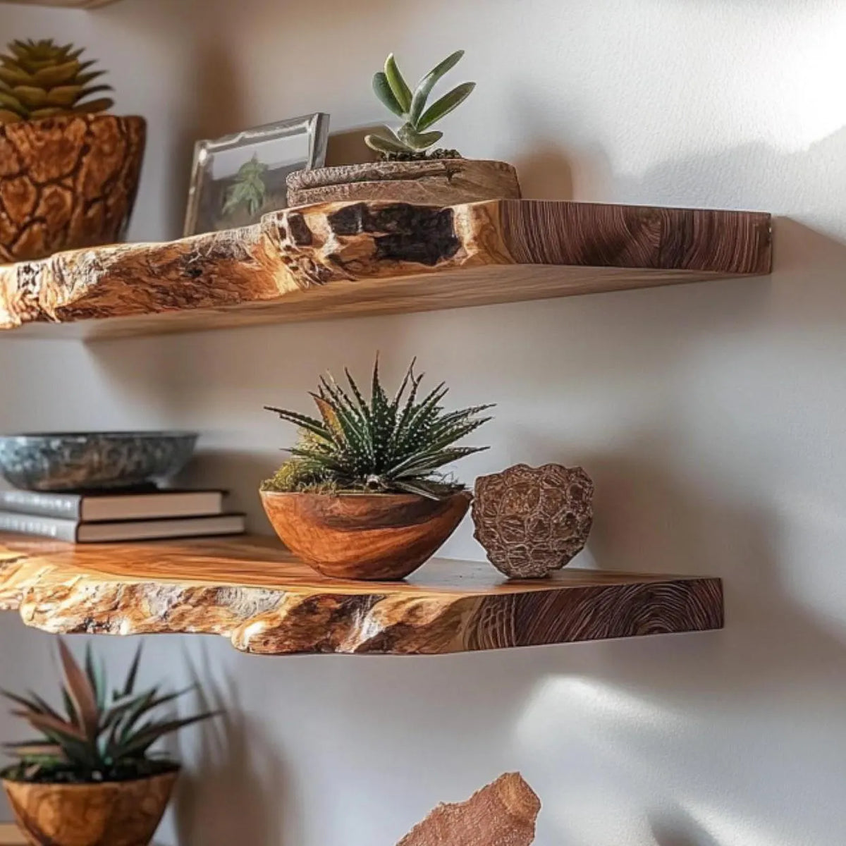 Live edge floating shelves styled with succulents in terracotta bowls and books