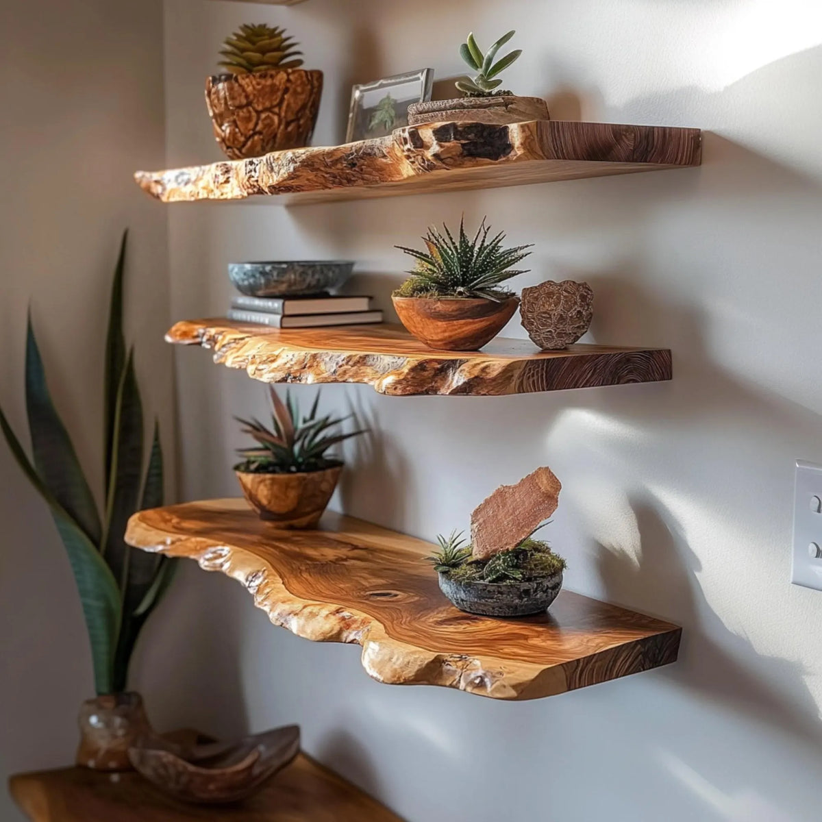 Set of live edge floating shelves in a room corner with plants and pottery