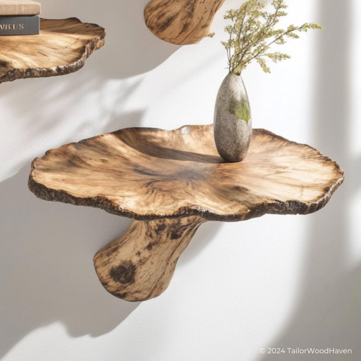 Close view of a mushroom-cap floating shelf holding a vase of dried flowers