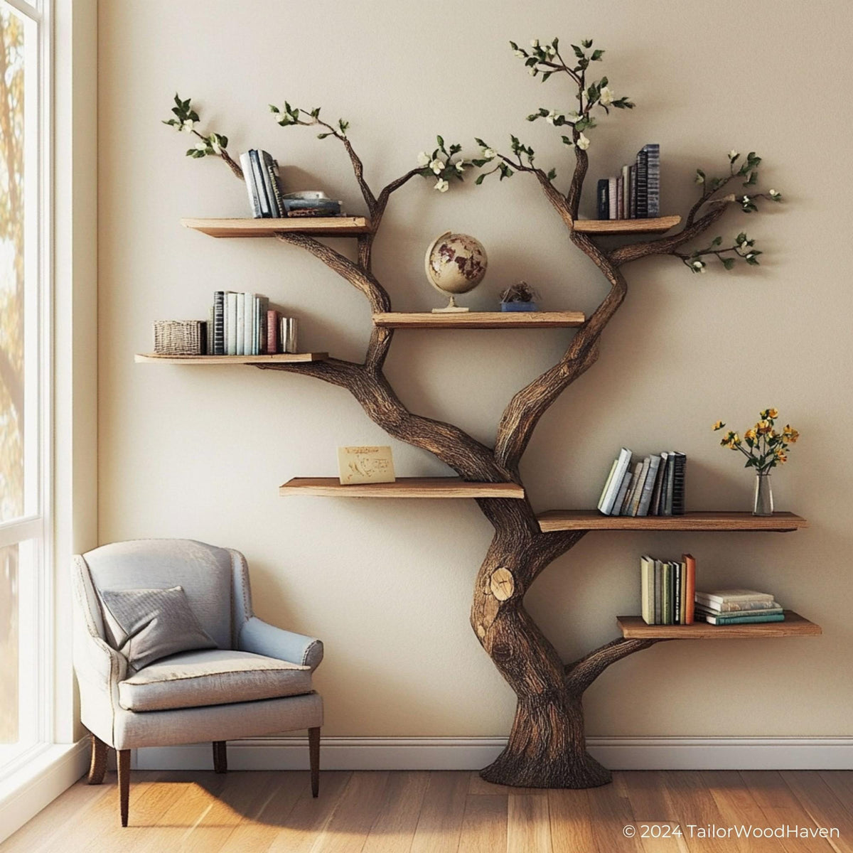 Dark tree branch bookshelf - handcrafted book shelf
