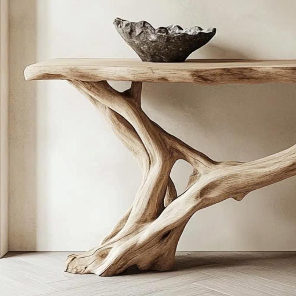 Rustic entryway table with a dark bowl, angled view showing the sculpted legs