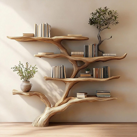 Decorative Tree Shelves Design Wooden Floating Wall Shelf Featuring an Artistic Tree Silhouette