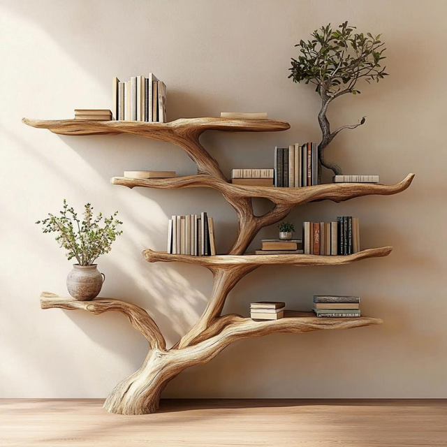 Decorative Tree Shelves Design Wooden Floating Wall Shelf Featuring an Artistic Tree Silhouette